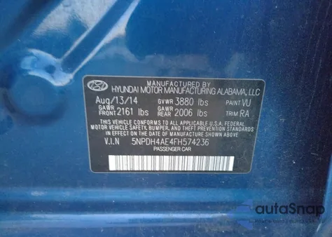 2015 Hyundai Elantra Se из США, поврежденный, VIN 5NPDH4AE4FH574236